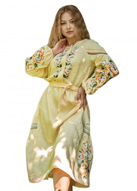 Вышитое платье миди желтое