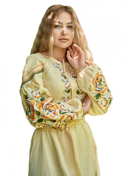 Вышитое платье миди желтое