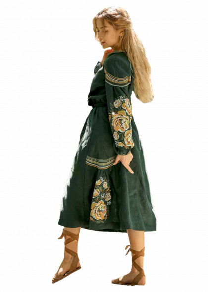 Платье вышиванка зеленое миди