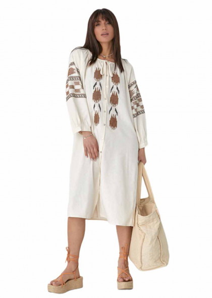 Вышитое платье бежевое Пава