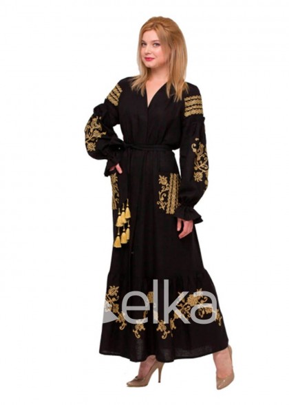 Чёрное платье вышиванка Восточный сад