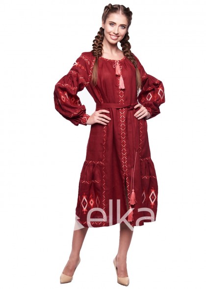 Платье вышиванка Василиса бордо