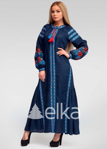 Платье вышиванка синее в пол