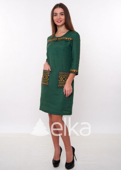 Платье вышиванка темно-зеленое