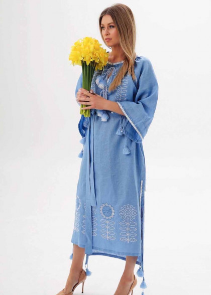 Вышитое платье Ксения голубое