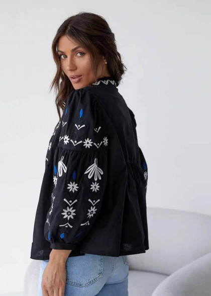 Black embroidered cape shirt